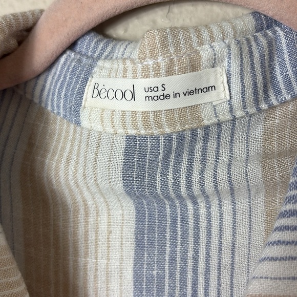 Becool Linen Blend Striped Button Down Short Sleeve Shirt Blue Beige White Sz S - Picture 4 of 8